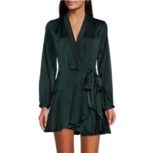 Lucy Paris Surplice V-Neck Long Sleeve Tie Waist Satin Ruffle Wrap Dress